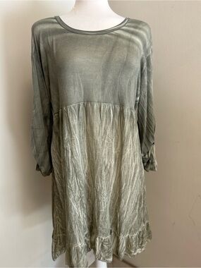 BaBa Layered Boho Tunic Dress One Size Sage Green Embroidered Lace Crinkle